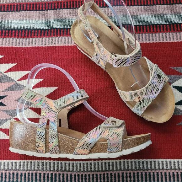 Spring Step Ankle Strap Wedge Sandal Sz‎ 41 US 9.5-10 Tan Multicolor Open Toe - Picture 1 of 7